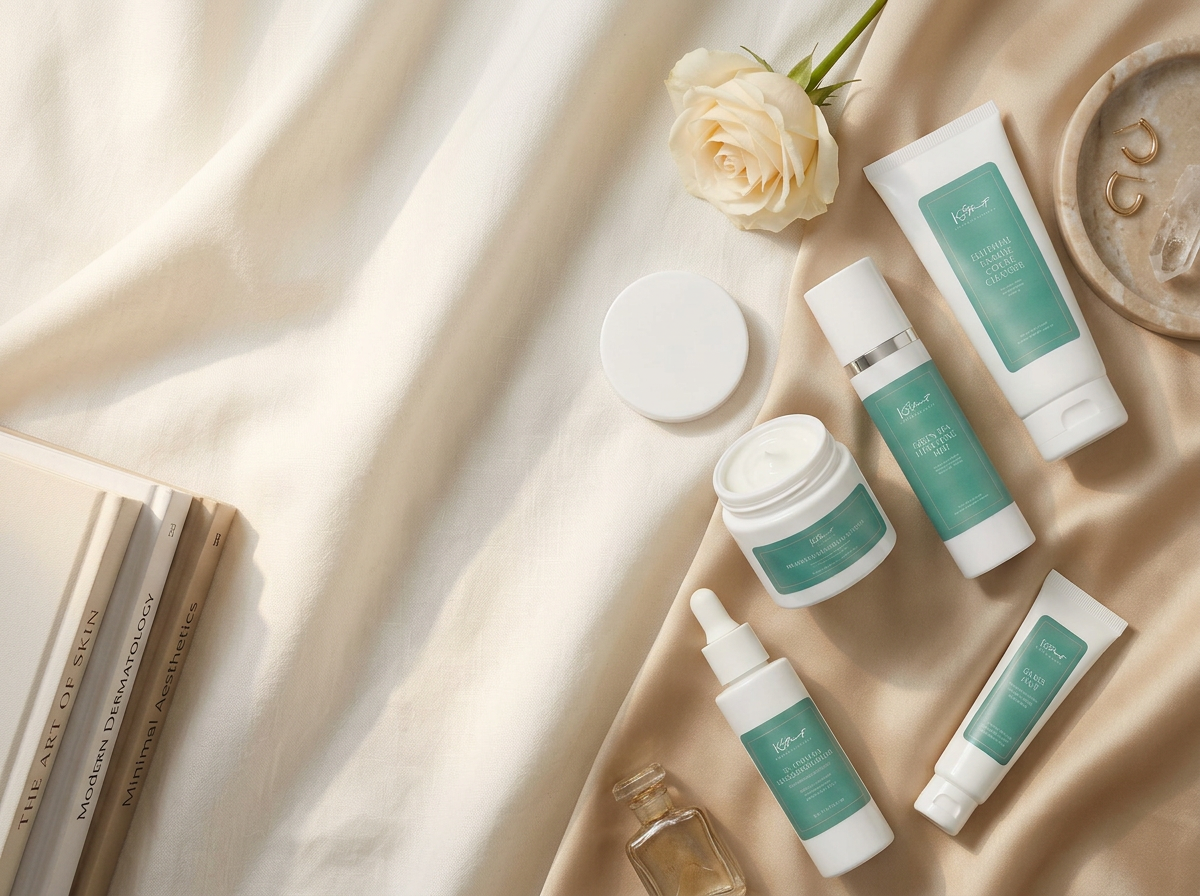 Editorial flatlay of luxury skincare in soft champagne and warm white tones