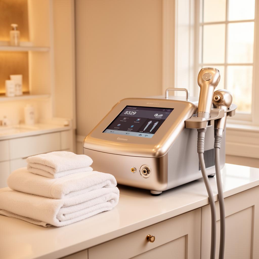 Modern medical-grade laser device and folded white towels in an elegant Baltimore medical spa