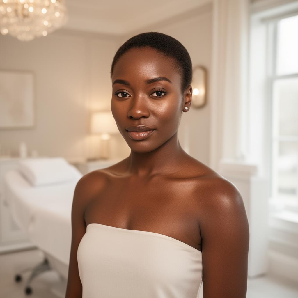 Confident woman with glowing skin in an elegant Baltimore medical spa with soft champagne tones