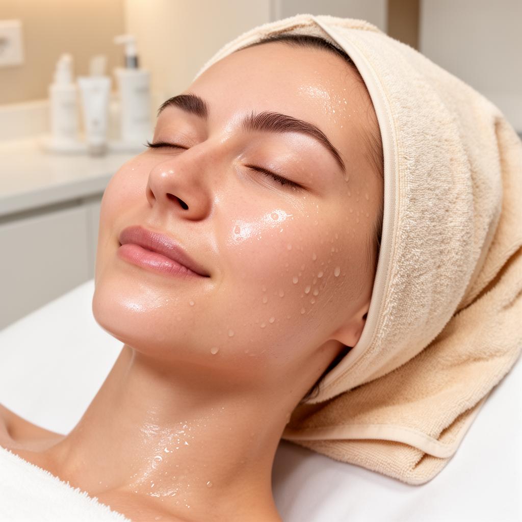 A client admiring her refreshed, radiant results in a hand mirror after a treatment
