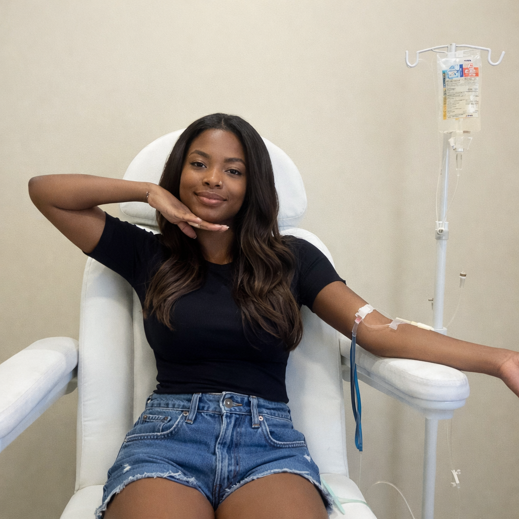 Smiling woman relaxing in a treatment chair while receiving an IV hydration drip