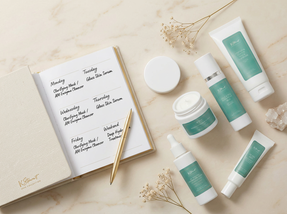 Editorial beauty still life with an elegant planner and skincare in champagne tones