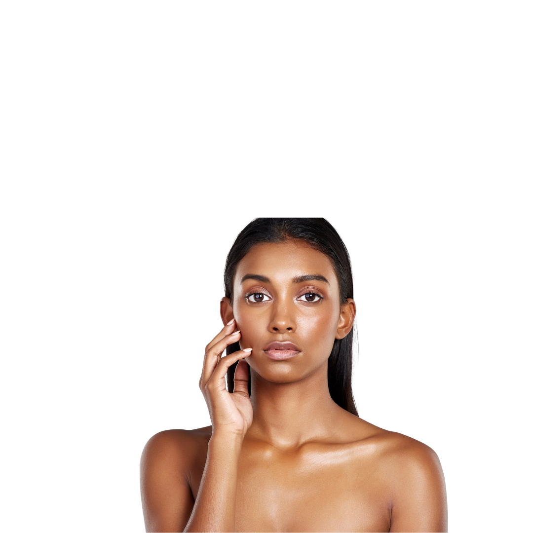 Woman with smooth, glowing skin touching her face against a clean white background