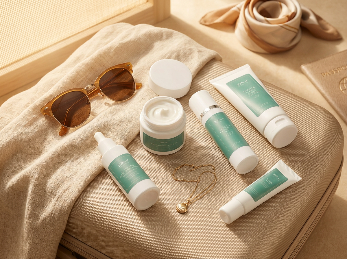 Editorial travel beauty still life with skincare and sunglasses in warm golden light