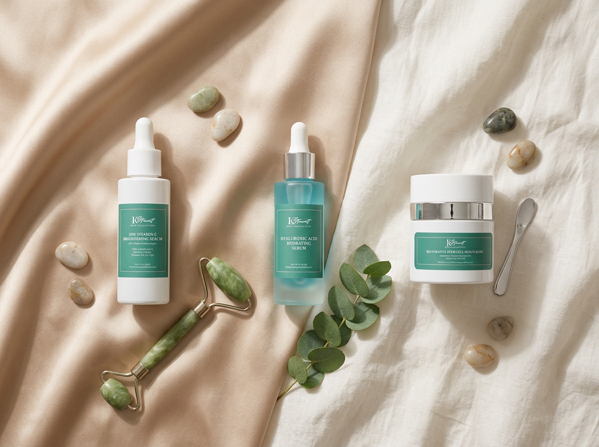 Editorial skincare flatlay of cleanser, serum, and moisturizer in champagne tones